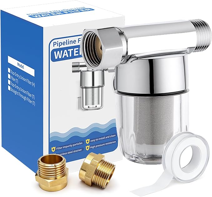 Washing Machine Water Filter, 40 Micron Reusable Brass Inline Sediment Filter, Anti-Scale Hose Pre-Filter for Water Heater, RV, and Toilet Bidet (T Port)
