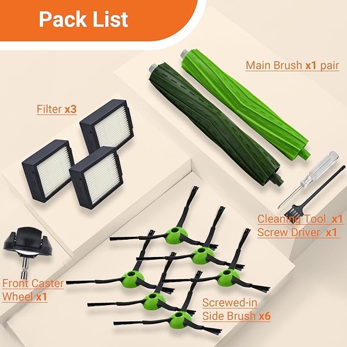 Replacement Parts Compatible with iRobot Roomba J7 J7+ J5 J5+ J6 J6+ J8 J8+ J9 J9+ i e j series Vacuum Cleaner Accessories Kit,Front Caster Wheel,Rubber Brushes,3 HEPA Filters,6 Side Brushes
