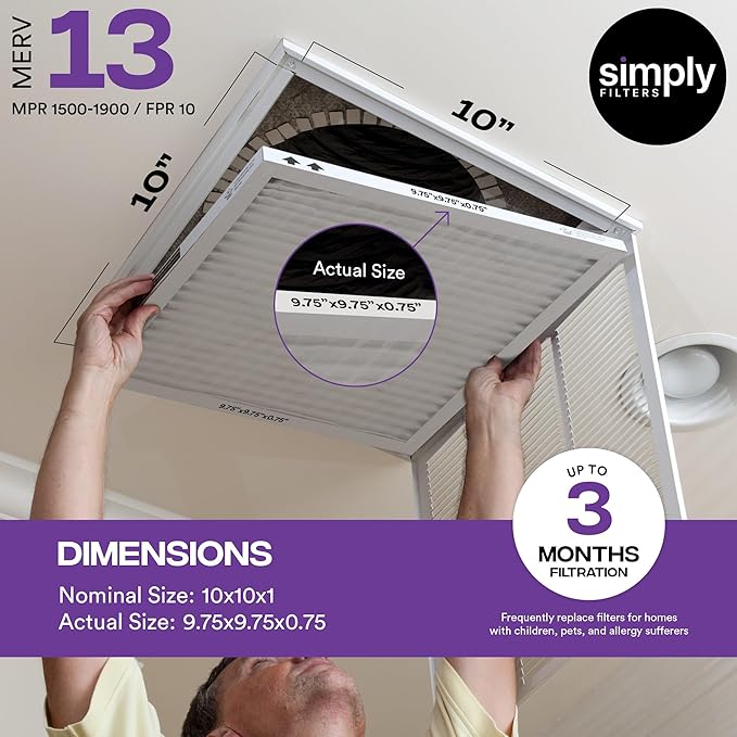 Simply 10x10x1 Air Filter, Merv 13, 4 Pack, For Home AC Furnace & HVAC (Actual Size: 9.75"x9.75"x0.75") DUST, Pet, & Allergy Control