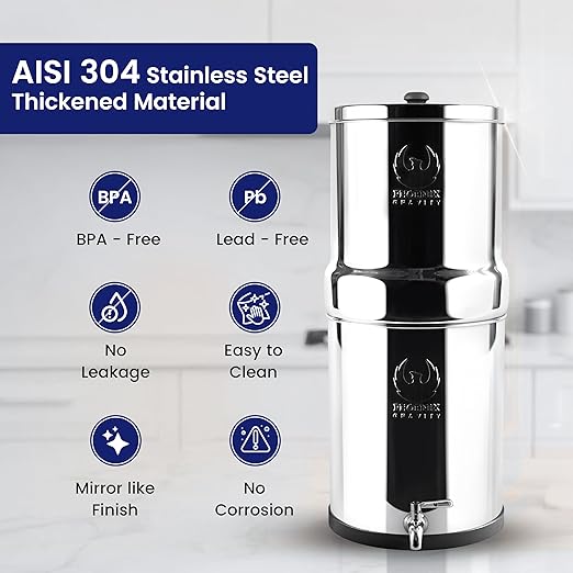 Phoenix Gravity - 4.25 Gallon Water Filter System AISI 304 Stainless Steel Gravity Fed Water Filter System, NSF Certified 2 Carbon Filter Elements & Free Stainless Steel Water Spigot