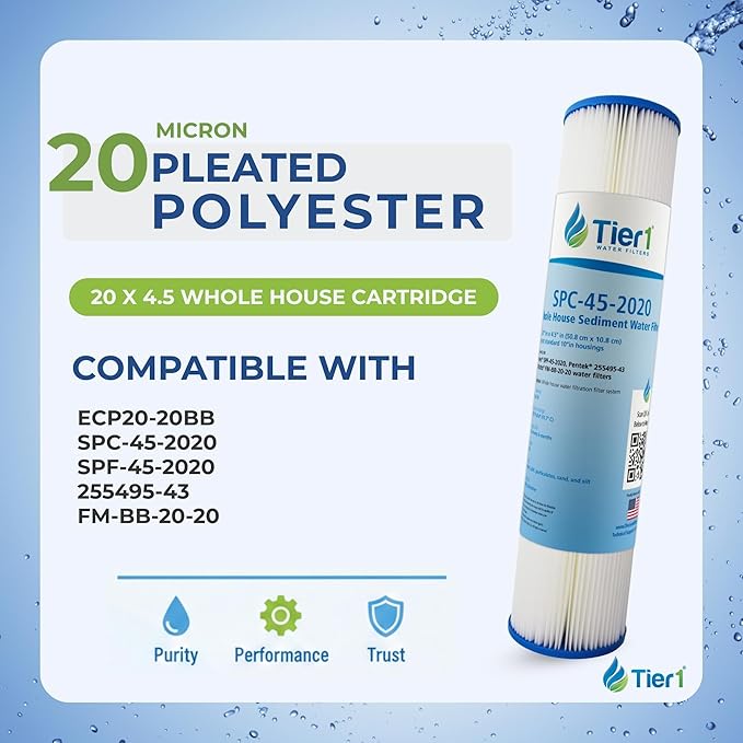 Tier1 20 Micron 20x4.5 Water Filter | Whole House Sediment Water Filter | Pleated Polyester Cartridge | Replacement for Pentek ECP20-20BB, Hydronix SPC-45-2020 | High-Flow 4.5 x 20 Water Filter