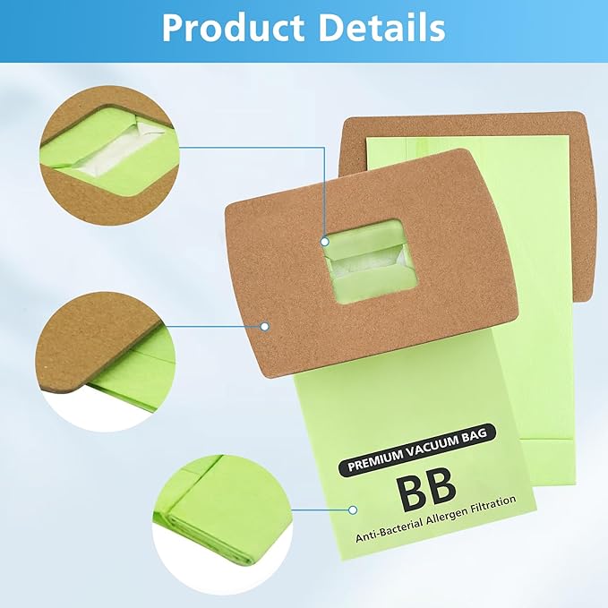 15 Pack Type BB Compact Canister Bags Replacement for Oreck XL Buster B Canister Vacuum bags PKBB12DW BB180 BB280 BB850 BB870 BB900 BB1000 MV160 with 4 Motor Filters