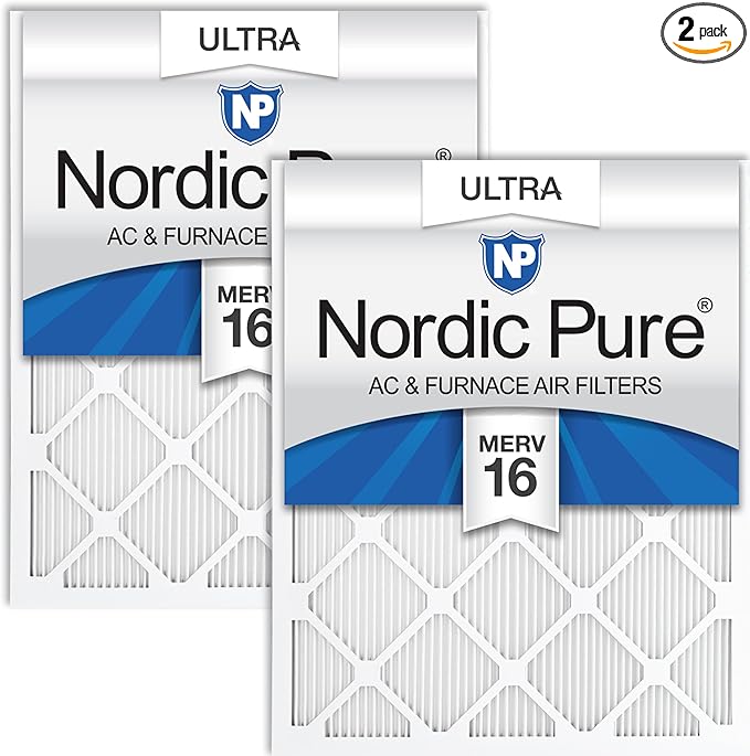 Nordic Pure 24x24x1 (Actual Size: 23 3/8 x 23 3/8 x 3/4) Pleated Ultra MERV 16 AC Furnace Air Filters–With 2.5X More Media for Allergy & Dust Relief, Max Efficiency & Low Airflow Resistance 2 Pack