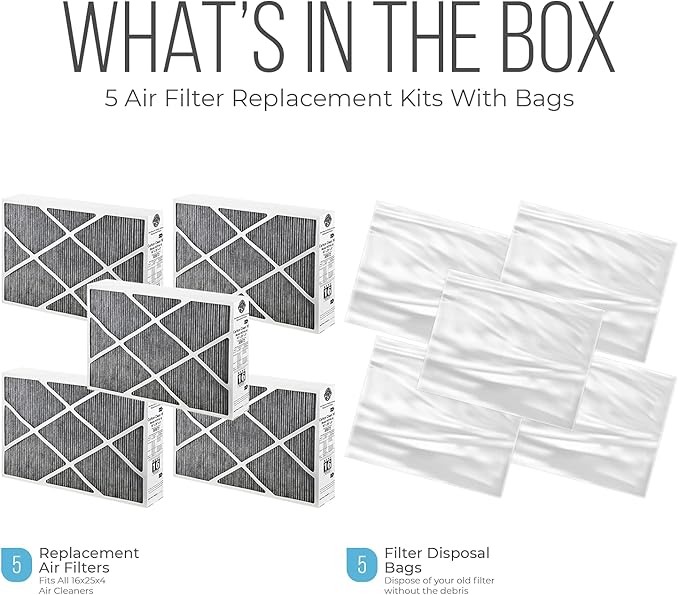 Lennox 16x25x5 Furnace Filter, X6672 Filter Replacement, Merv 16 Carbon Clean with Homequip Disposal Bag 5-Pack (Actual Size: 15.8 x 24.8 x 4.3 Inches)