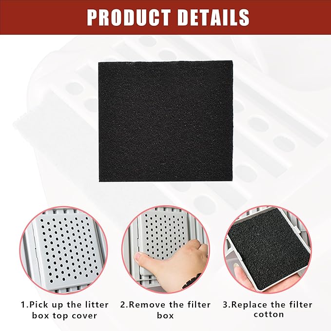 Carbon Filter Replacement Pads for Cat Litter Box, Black, 6 Pack, 4.53x4.13 Inch, Activated Charcoal Odor Control Filters for Hooded Litter Trays