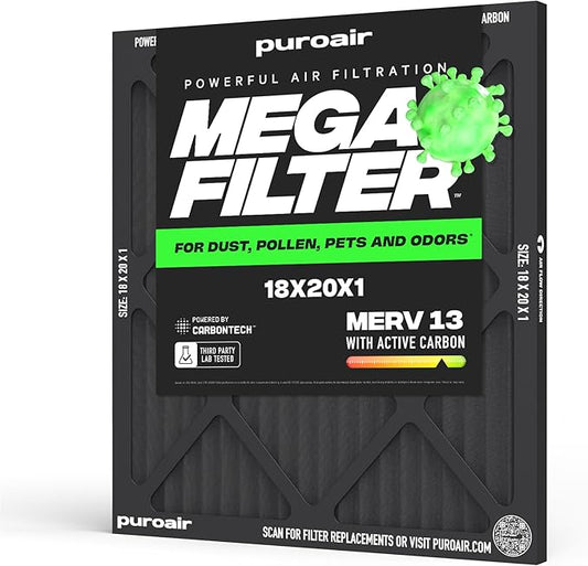 PuroAir MegaFilter - 18x20x1 Air Filter MERV 13 Activated CarbonTech Defense - Heavy Duty 3 Layer Furnace Filters Allergens, Pollen, Dust, Pet Dander, Smoke, Odors - HVAC Air Filter 18x20x1 (1-Pack)