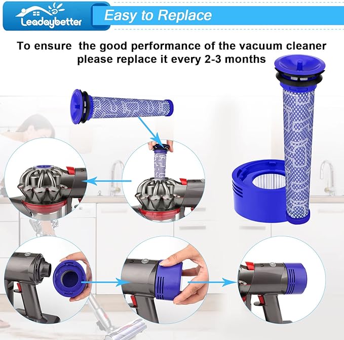 Leadaybetter Vacuum Filter Replacement for Dyson V7 V8 SV10 Animal Absolute Stick Cordless Vac Cleaner, 3 Post & 3 Pre Filters, Compare to Part # 965661-01 & 967478-01
