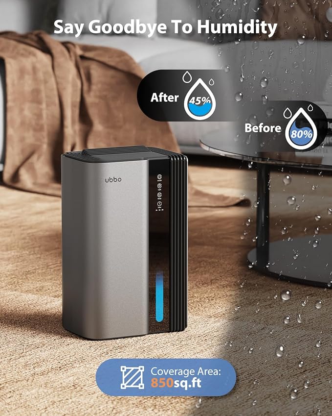 95oz Dehumidifiers for Home, 1000 Sq.Ft Dehumidifier with Drain Hose - Auto Shut Off, Timer, Sleep Mode & Drain Hose - 7 Color Light for Bedroom, Bathroom, RV - Grey