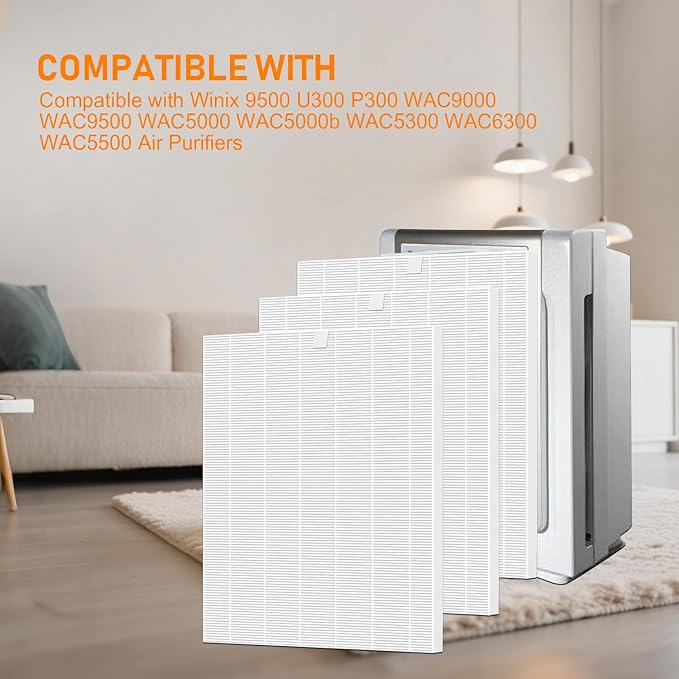 114190 True HEPA Replacement Filters Compatible with Winix 9500 U300 P300 WAC9000 WAC9500 WAC5000 WAC5000b WAC5300 WAC6300 WAC5500 Air Cleaner Purifiers, Compared to Winix Filter B 114190,Pack of 3
