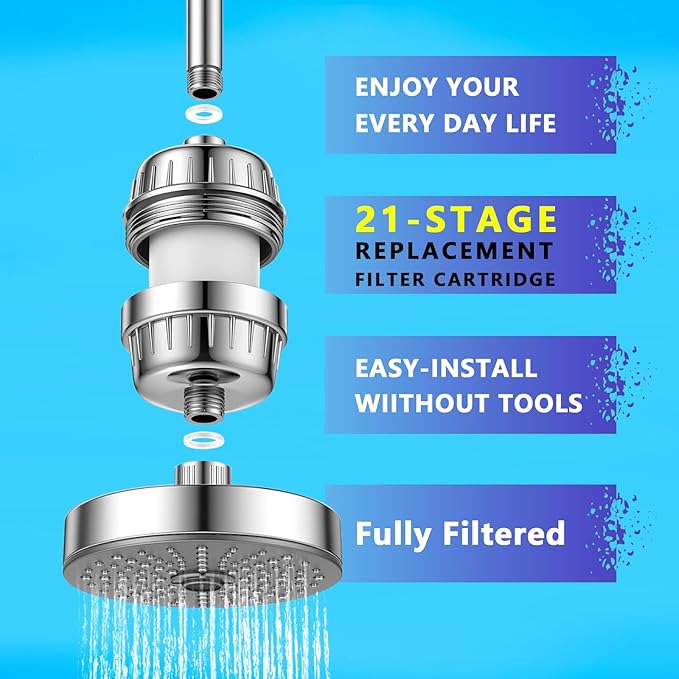 21stage shower filter. Suitable for hard water. Universal high-flow shower head filter removes chlorine, impurities, fluoride, heavy metals and odors Improve your skin, hair and nail condition, chrome