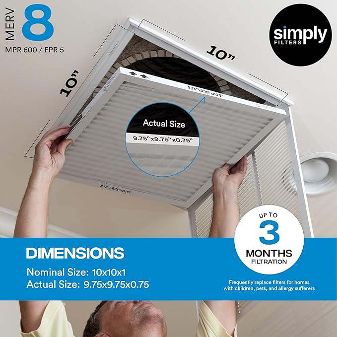 Simply 10x10x1 Air Filter, Merv 8, 4 Pack, For Home AC Furnace & HVAC (Actual Size: 9.75"x9.75"x0.75") DUST, Pet, & Allergy Control