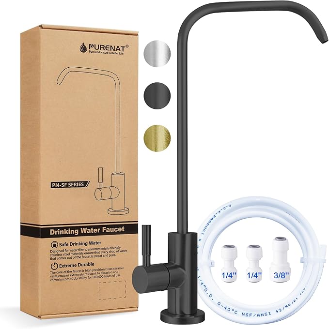 Drinking Water Faucet - Long Thread Stem Filtered Water Tap for Thick Countertop,Lead-Free RO Faucet with Hose and Push Connect Fittings(Matte Black - "7" Shape)