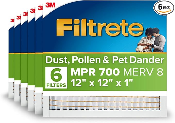 Filtrete 12x12x1 AC Furnace Air Filter, MPR 700, MERV 8, Tough on Pollen, Easy on Airflow, 3-Month Pleated 1-Inch Electrostatic Air Cleaning Filter, 6-Pack (Actual Size 11.81 x 11.81 x 0.81 in)