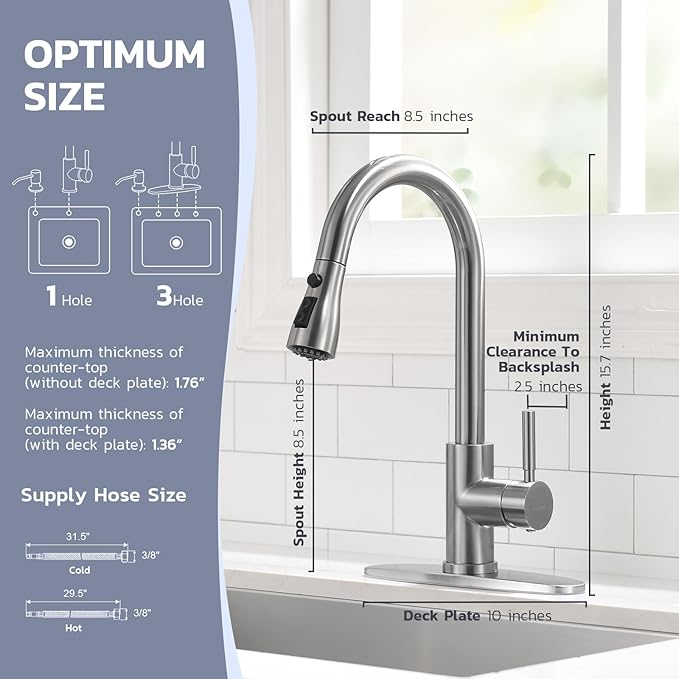 WEWE Kitchen Faucet with Soap Dispenser and Pull Down Sprayer, RV Single Handle Classic 3 Modes Stainless Steel Faucet for Kitchen Sink, RV, Stainless Steel