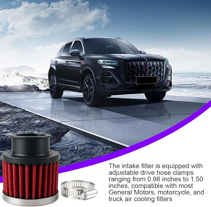 Car Air Intake Filter, 1" 25mm Inlet Valve Cold Air Intake Filter Cleaner with Adjustable Clamp, Hight Flow Performance Auto Crankcase Breather Filter Replacement, Universal Fit (Red)