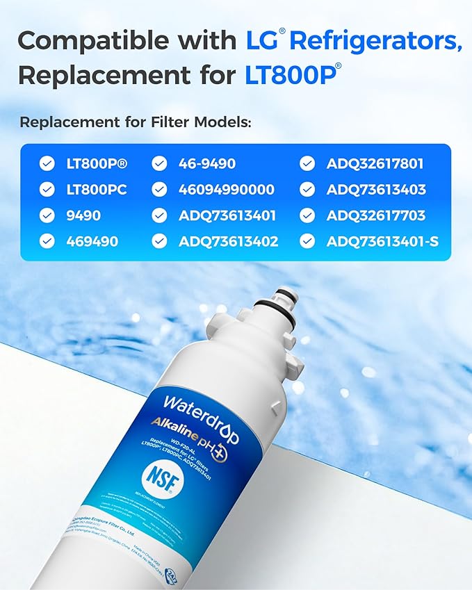 Waterdrop 𝐀𝐥𝐤𝐚𝐥𝐢𝐧𝐞 ADQ73613401 Water Filter, 𝐄𝐧𝐡𝐚𝐧𝐜𝐞𝐬 𝐩𝐇, Replacement for LG® LT800P®, ADQ73613402, ADQ75795104, LSXS26326S, LMXC23746S, LSXS26366S, LSXS26386D, 2 Filters