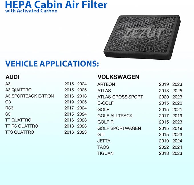 Cabin Air Filter CF11643 Fits vw 2018-2025 Atlas, 2015-2023 Gti, 2018-2024 Tiguan, 2019-2024 Jetta, 2015-2021 Golf, AUDI 2016-2024 A3, 2019-2025 Q3, Arteon RS3 S3 TT RS, Activated Carbon beads