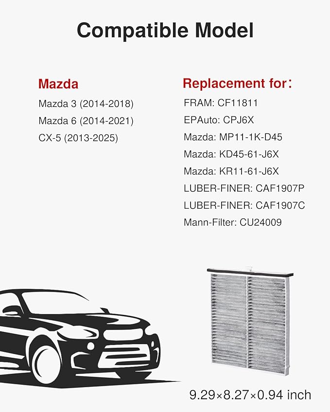 Puroma Cabin Air Filter with Activated Carbon, Replacement for CF11811, CPJ6X, CAF1907P, CAF1907C, CU24009, Compatible with Mazda 3, Mazda 6, CX-5, MP11-1K-D45, KD45-61-J6X, KR11-61-J6X