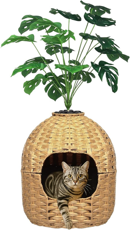 Hidden Cat Litter Box Plant Furniture Enclosure House w/ Faux Plant, Decorative Handwoven Rattan Round Planter Cat Bed for Indoor Cats w/ Odor Control Filter, in Living Room Bedroom Corner Natural