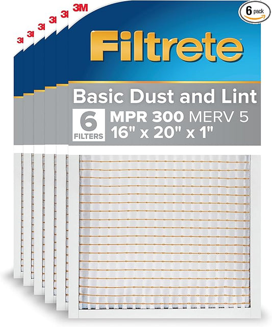 Filtrete 16x20x1 Air Filter MERV 5, 6-Pack AC Furnace HVAC Filters for Home, MPR 300 Basic Dust Defense, Pleated Electrostatic Removes Lint & Dust (Actual Size 15.69x19.69x0.81 in)