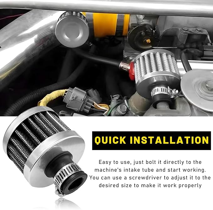 12mm Mini Air Filter, Universal Motor Cold Air Intake Filter Breather, Auto Turbo Vent Intake Filter Cleaner, Crankcase Breather Car Accessories for Motorcycle Engine Parts (Silver)