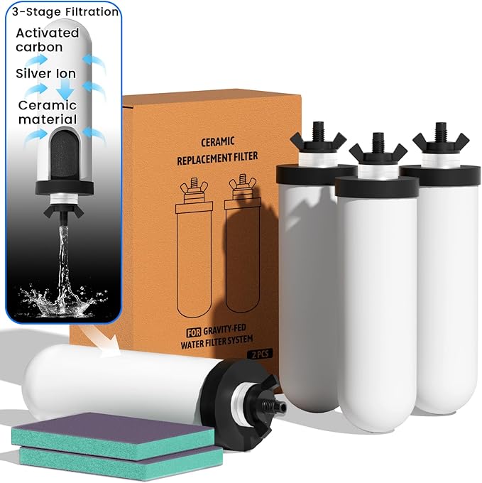 8.46-Inch 3-stage Ceramic Water Filter Candle with Activated Carbon, NSF/ANSI 42&372 Certified Washable Replacement Filter for ProOne® Berkey® Purewell® Gravity Water Filter Systems (4Pack)