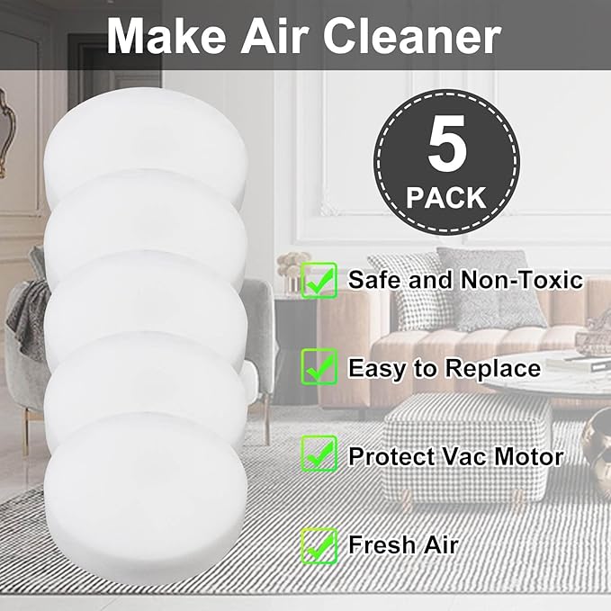Vacuum Filter Replacement 5Pcs, AZ2002 Filter Replacement for Shark Vertex DuoClean PowerFin Upright Vacuum AZ2000, AZ2000W, AZ2002, UV2500, 5 Foam Felt Filter Kit, Replace Part XFFKAZ2000