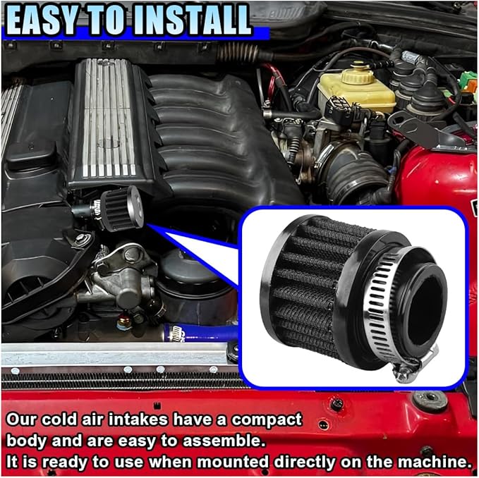 1" Car Air Intake Filter, 25mm Auto Crankcase Cold Air Filter Cleaner with Adjustable Clamp, Universal Vent Valve Cover Breather for Car, Motorcycle (Black)