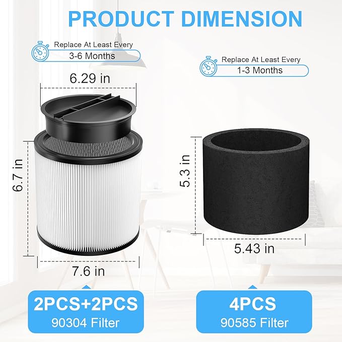 Extolife Replacement Filter Compatible with Shop-Vac 90350 90304 90333 Replacement fits most Wet/Dry Vacuum 5 Gallon and above, 2 pcs 90304 filters with caps and 4pcs 90585 foam filters