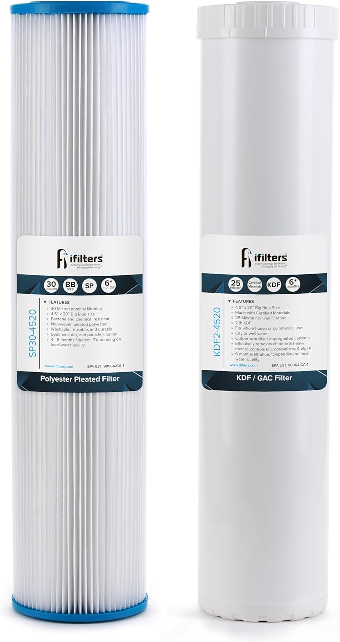 iFilters Whole House Sediment & GAC/KDF Replacement Water Filter Cartridge Set | 100% Compatible with 4.5”x20” Dual systems like MWH-D-WELL & SP30-KDF2-4520