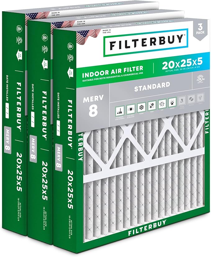 Filterbuy 20x25x5 Air Filter MERV 8 Essential Dust & Allergy Defense (3-Pack), Pleated HVAC AC Furnace Filters for Honeywell FC100A1037, Lennox X6673, and More (Actual Size: 19.88 x 24.75 x 4.38)