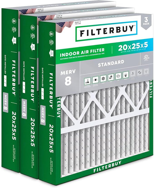 Filterbuy 20x25x5 Air Filter MERV 8 Essential Dust & Allergy Defense (3-Pack), Pleated HVAC AC Furnace Filters for Honeywell FC100A1037, Lennox X6673, and More (Actual Size: 19.88 x 24.75 x 4.38)