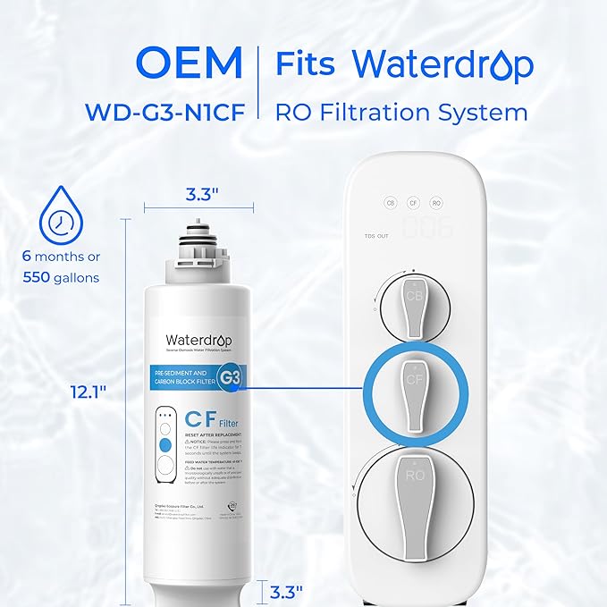 Waterdrop G3-CFCBRO Filter, Replacement for Waterdrop G3-W 400 GPD Reverse Osmosis System, Pack of 1 G3-N1CF, 1 G3-N3CB, and 1 G3-N2RO Set Filter