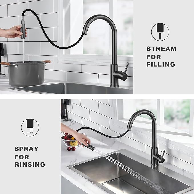 Tohlar Gray Kitchen Faucets with Pull Down Sprayer, Single Handle Kitchen Sink Faucet Gun Black Modern Staninless Steel Kitchen Faucet with Deck Plate, Gray