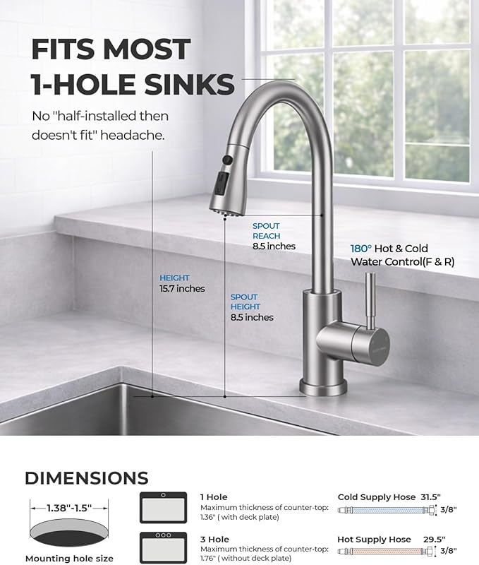 WEWE Kitchen Faucets with Pull Down Sprayer, Leak-Proof Stainless Steel Lead-Free Single Handle 1 Hole for Family Kitchen Commercial Camper Laundry Rv Bar, Brushed Nickel Bar Sink Faucet