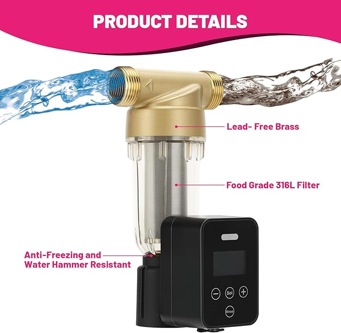 50/100 Micron Spin Down Sediment Water Filter, Plug - in with Touch - Screen Auto Flushing, Brass Valve, 3/4" FNPT x 1" MNPT, Reusable Whole House Sediment Filter for Well Water