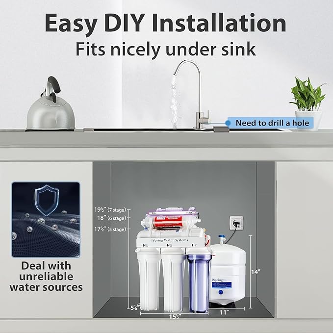 iSpring RCC7AK-UVF3 Value Pack, Alkaline UV 7-Stage Under Sink Reverse Osmosis Water Filter System, Patented Easy-Mount Faucet for Effortless Installation, Additional 3 Pre-Filters Included