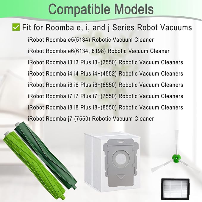 26 Pack Replacement Parts accessories for iRobot Roomba i3 i3+ i4 i6 i6+ i7 i7+ E5 E6 E7 j7 I & E j Series Vacuum Cleaner,2 Set Rubber Brushes,8 Vacuum Filters,8 Side Brushes,8 Vacuum Bags