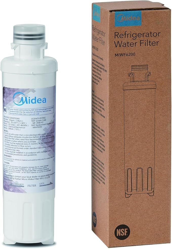 Midea MIWF6200 Twist-in Refrigerator Water Filter, 200 Gallon, Compatible with Midea Side-by-side Refrigerators MRS26D7AST/ MRS26D5AST/ MRQ22D7AST