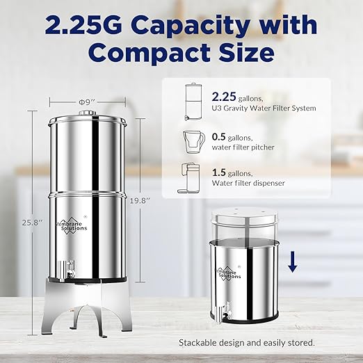 Membrane Solutions Stainless Steel 2.25G Gravity Water Filter, Countertop Water Filtration System with 3 Pack 0.1-Micron UF Filters, for Home, Camping, and RVing