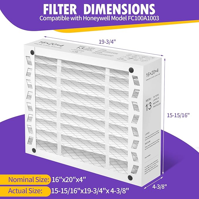 DerBlue 1PACK 16x20x4 MERV 13 Furnace Filter Replacement Compatible with Honeywell FC100A1003 Pleated HVAC,Foldable Design for Easy Installation & Space-Saving(Actual Size: 15.94 x 19.75 x 4.38 In)
