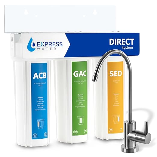 Express Water Direct Water Filtration System – 3 Stage Direct Water Filter System with Chrome Faucet – Under Sink Water Filter – Sediment, Activated Carbon Block, and Granular Activated Carbon Filters