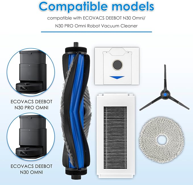 (12 Pack) N30 Omni Replacement Parts Compatible With ECOVACS DEEBOT N30 Omni/ N30 Pro Omni Robot Vacuum Cleaner, Accessories Kit, 1 Roller Brush, 4 Side Brushes, 3 Dust Bags, 2 Filters, 2 Mop Pads