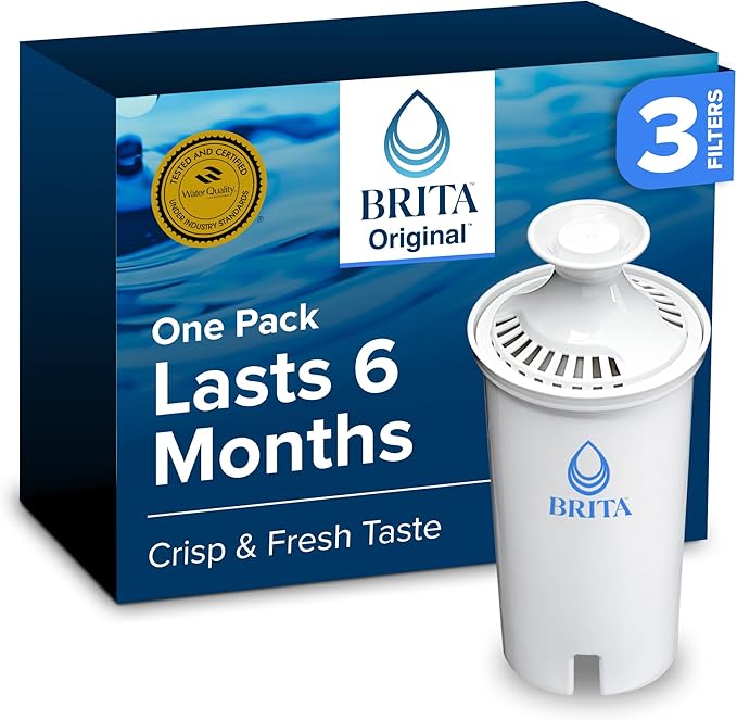 Brita Standard Water Filter for Pitchers and Dispensers, BPA-Free, Reduces Copper, Cadmium and Mercury Impurities, Lasts Two Months or 40 Gallons, Includes 3 Filters for Pitchers