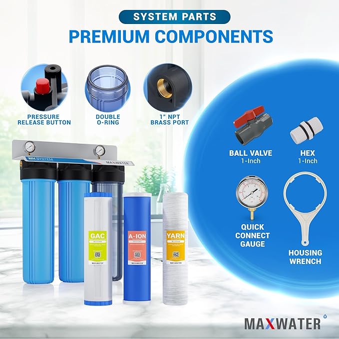 Max Water 3 Stage Whole House Water Filter System Nitrate Removal - 20" x 4.5" Wound Sediment + Anion Resin Nitrate Reduction + GAC - 1" Inlet/Outlet