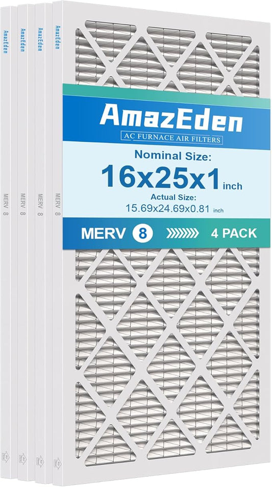 16x25x1 Air Filter MERV 8 (4-Pack) MPR 600 FPR 5 HVAC AC Furnace Pleated Filters Dust Defense Replacement for Home Office (Actual Size: 15.69x24.69x0.81 Inches)