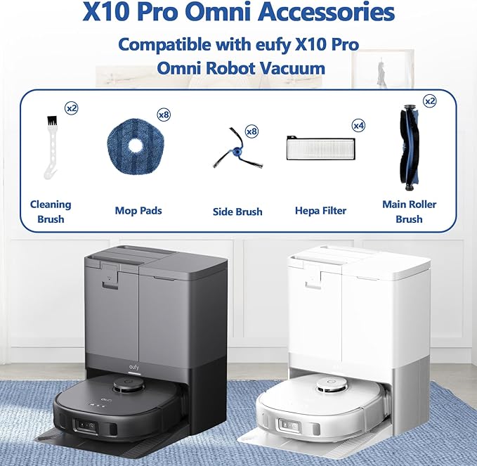 24 Pack X10 Pro Omni Replacement Parts for Eufy X10 Pro Omni Robotic Vacuum Cleaner Accessories Kit, 2 Roller Brushes, 4 HEPA Filters, 8 Mop Cloths, 8 Side Brushes, 2 Cleaning Brushes
