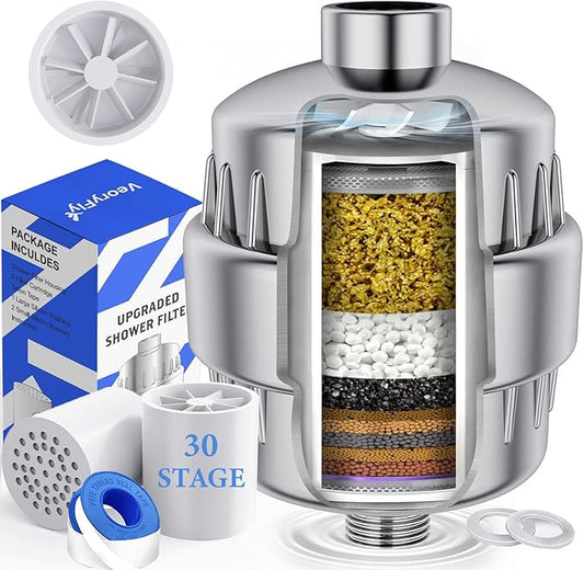 30 Stage VeoryFly Shower Filter with Vitamin C, Showerr Fiter for Hard Water, High Output Water with 2 Replaceable Fillter Cartridges, Water Softener Filter to Remove Chlorine