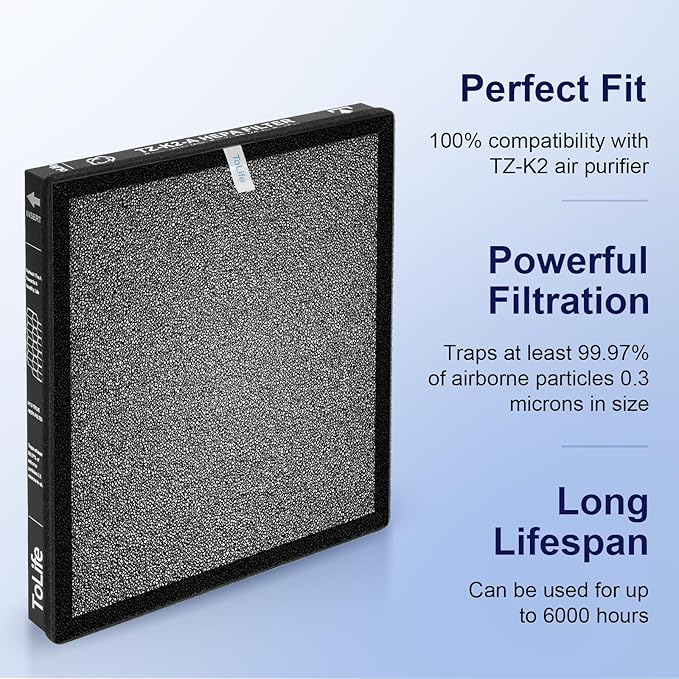 ToLife TZ-K2 Air Purifier Replacement Filter, 3-in-1 High-Efficiency Activated Carbon Filter, TZ-K2-A, 2 Pack