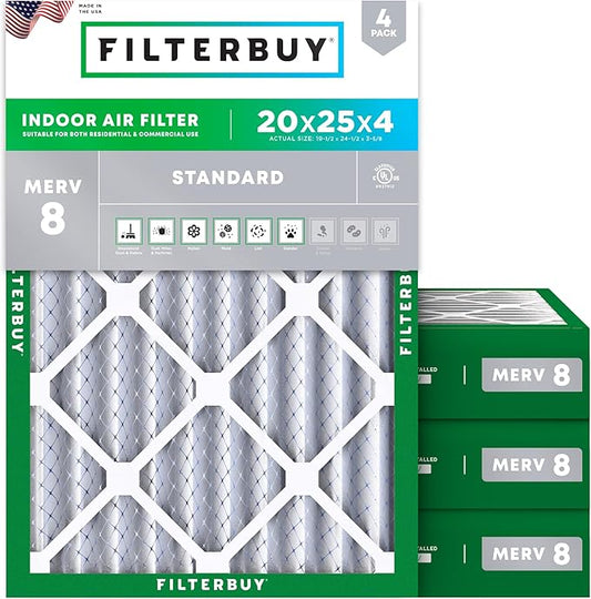 Filterbuy 20x25x4 Air Filter MERV 8 Essential Dust & Allergy Defense (4-Pack), Electrostatic Pleated HVAC AC Furnace Filters Replacement (Actual Size: 19.50 x 24.50 x 3.63)